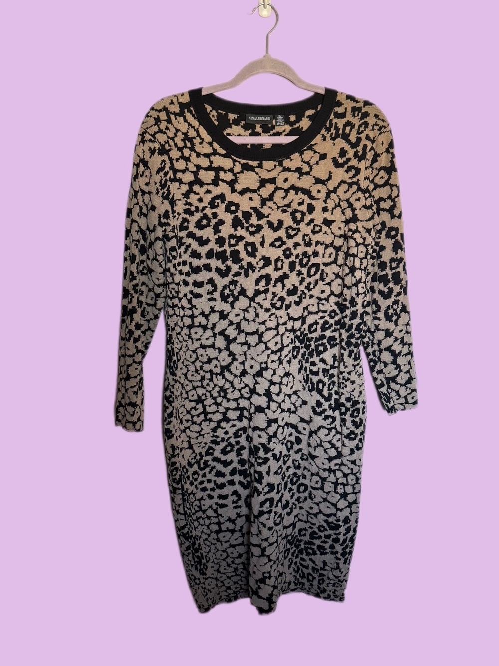 Nina Leonard Black and Beige Leopard-Print Long Sleeve Knit Dress